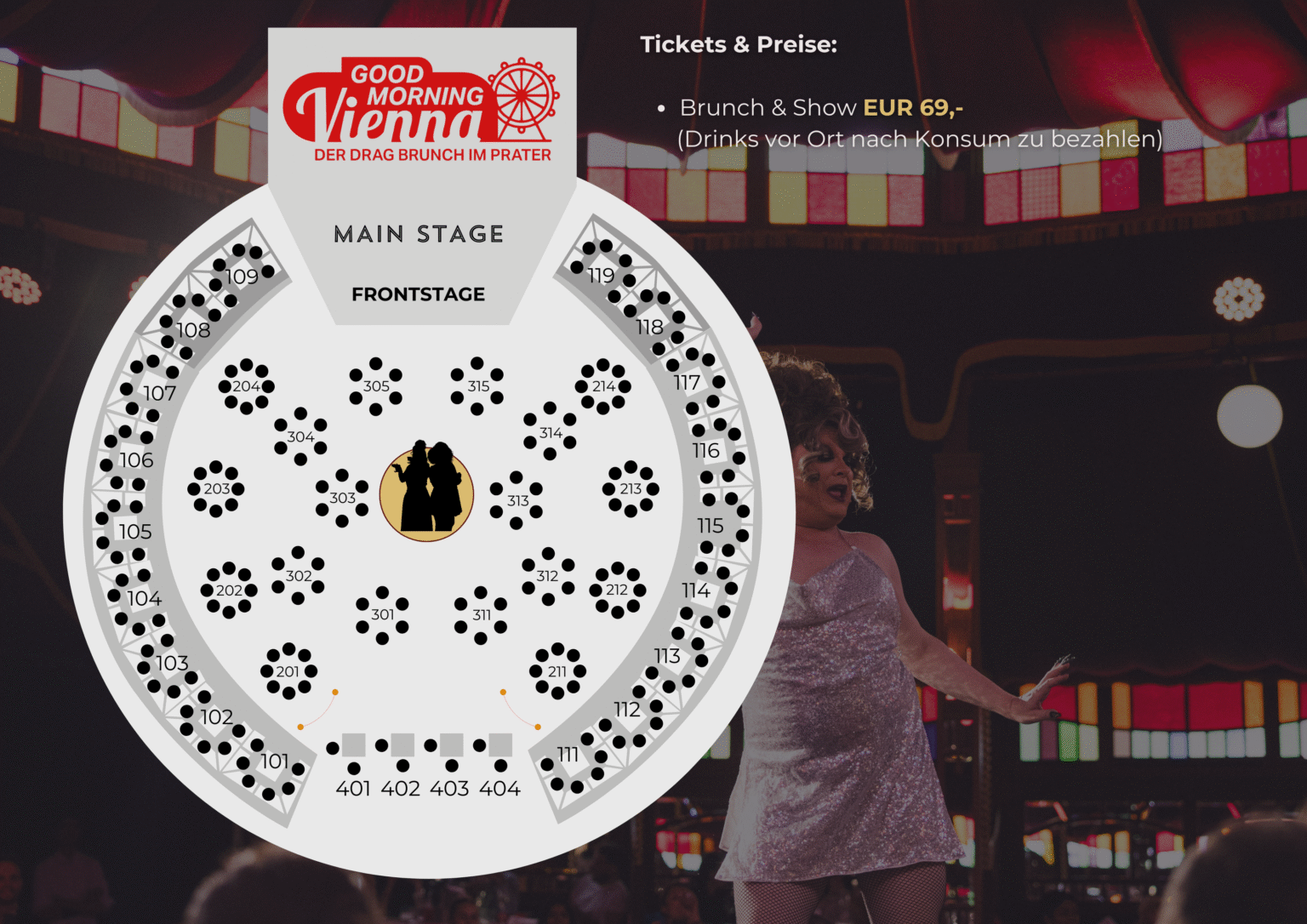 Tickets & Preise Brunch & Show EUR 69,- (Drinks vor Ort nach Gebrauch zu bezahlen) (1)